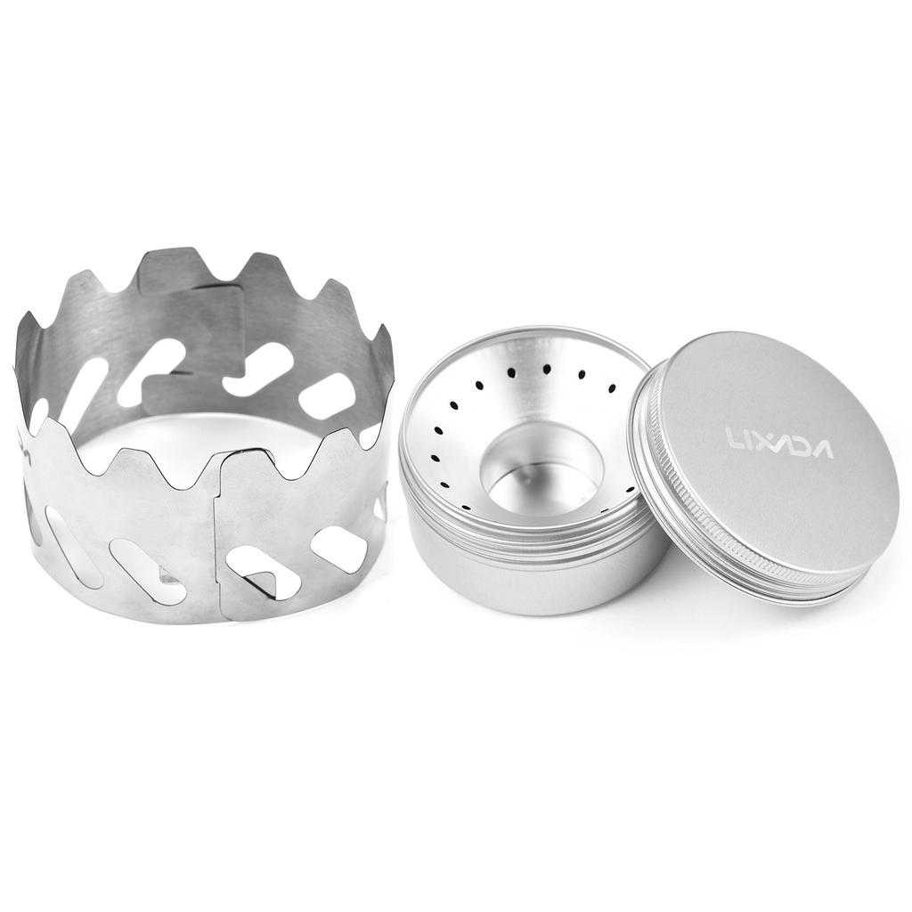 Mini Backpacking Stove 80ml Aluminum Alcohol Burner with Small Stainless Steel Windshield Portable Camp Stove for