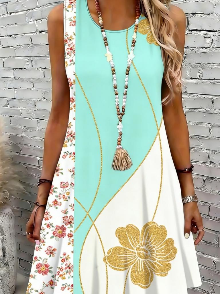 Women's Floral Print Round Neck Dress, Fashion Casual Sleeveless Short Dress for Daily Outdoor Wear, Ladies Dress for Summer