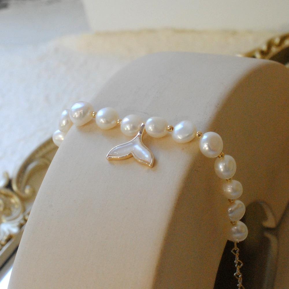 100% Baroque Freshwater Pearl Fish Tail 14K Gold Filled Ladies Charm Bracelet  For Women Birthday Gifts