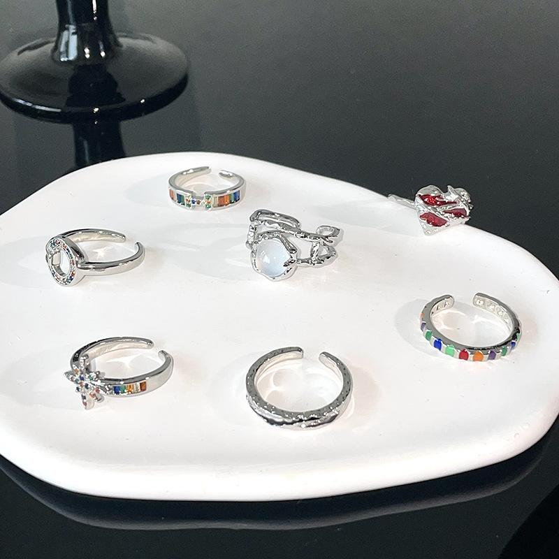 Color Zircon Irregular Pleated Open Ring Cold Wind Personality Light Luxury High Sense Index Finger Ring Woman