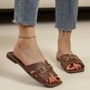 Summer New Outer Wear Metal Buckle Square Head Flat Bottom Slippers Women's Sandals European and American Large Size Slippers Women