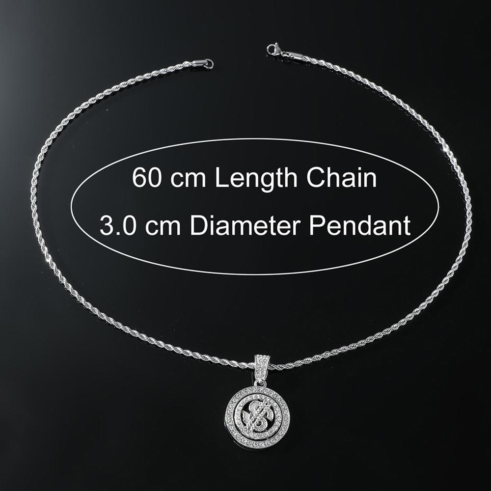 Hip Hop New Bling Rhinestone Dollar Pendants Necklace Rotatable US Dollar Money Sign Necklaces Men Hiphop Rap Rock Jewelry Gift