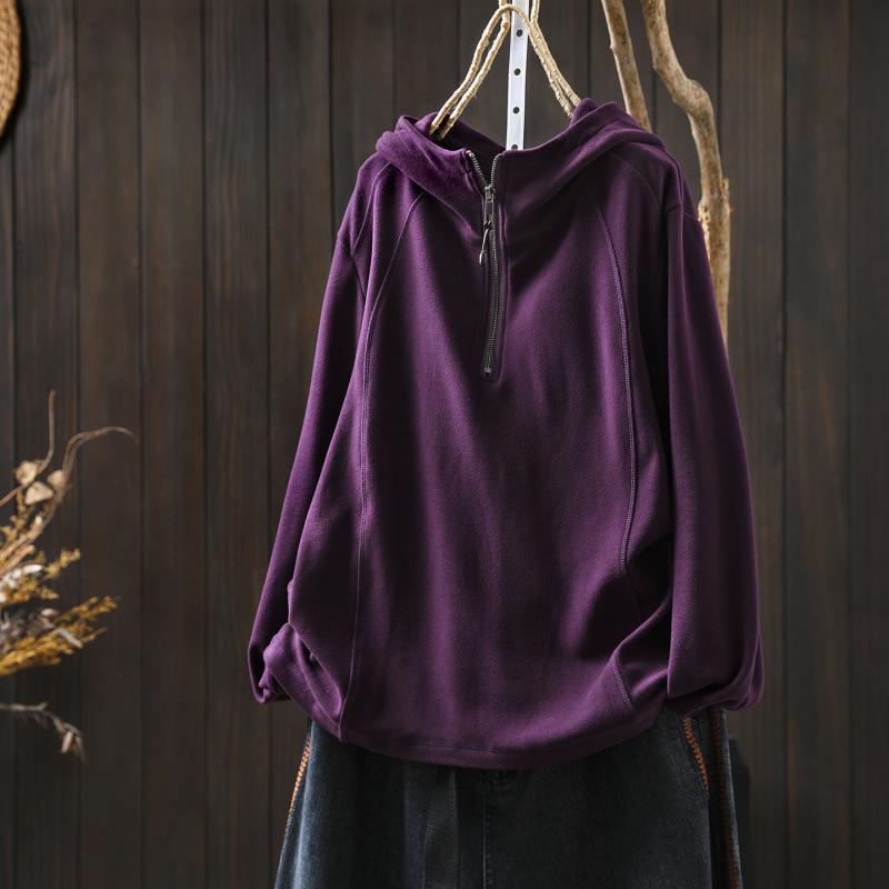Autumn/Winter Half-Zip Stretchy Hooded Pullover Top