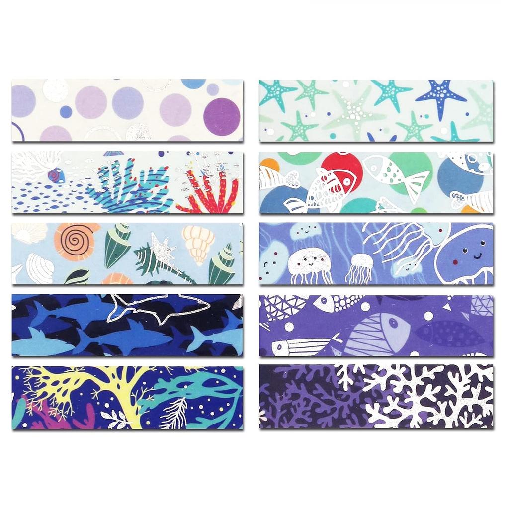 YUBX Masking Tape Set Washi Paper Ocean Blue with Silver Foil for DIY and Gift Decoration 10-Piece - Tape, Stamping, Crafts, Journals, Planners,