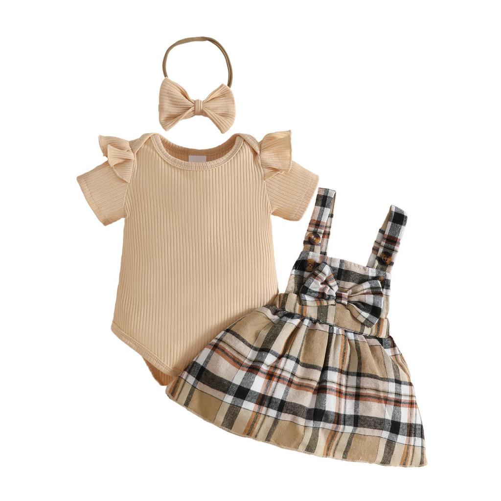 Baby Girl Summer Skirt Set: Ribbed Bodysuit, Plaid Romper & Headband