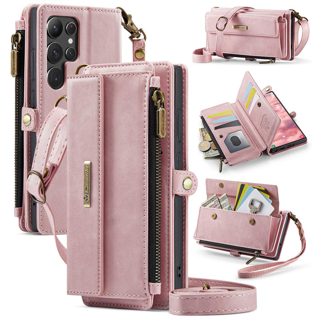 Voor Samsung Galaxy S22 Ultra 5G Hoesje CASEME C39 RFID Blokkerende Portemonnee met Rits Stand Leer Hoesje met Riem