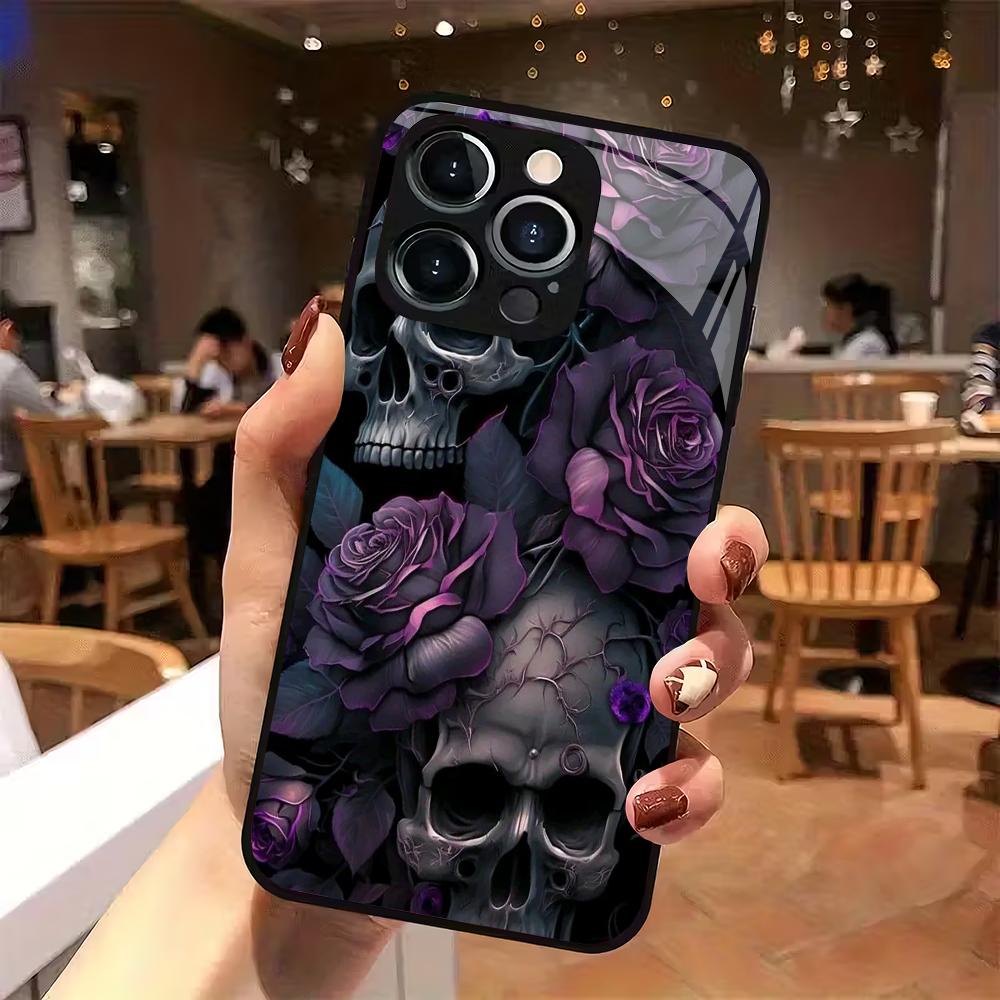 Purple flower skull pattern tempered glass phone case suitable for iPhone 17 16 15 14 13 12 11 Pro/Max/Plus anti drop back cover