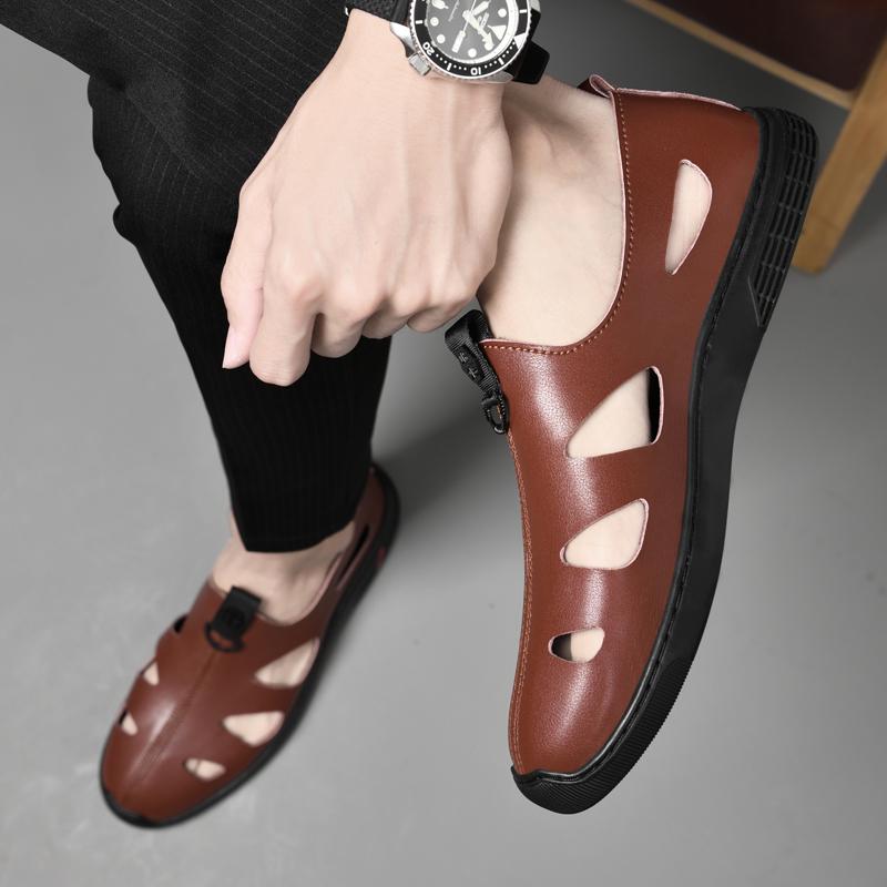 FashionBrand Cow Leather Retro Sandals Men's Summer Shoes Leisure Beach Shoes Male Genuine Leather Slippers Brown Dress Loafers Men