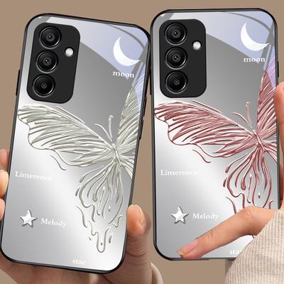 Metallic Butterfly For Samsung Galaxy A15 5G 54 4G 51 50 24 35 90 71 12 51 53 52S 80 22 34 Black Tempered Glass Phone Case