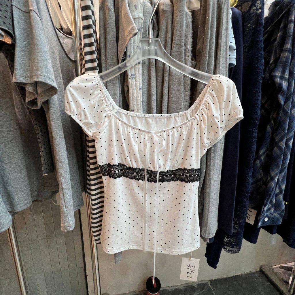 Spring and Summer New Pure Desire Sweet Wind Lace Splicing Polka Dot Square Neck Short-sleeved T-shirt Women's Strap Slim Top