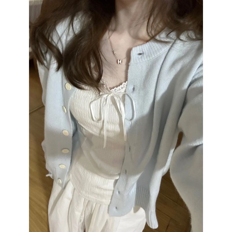 

Молочно-голубой корейский нежный сладкий вязаный кардиган Blue S