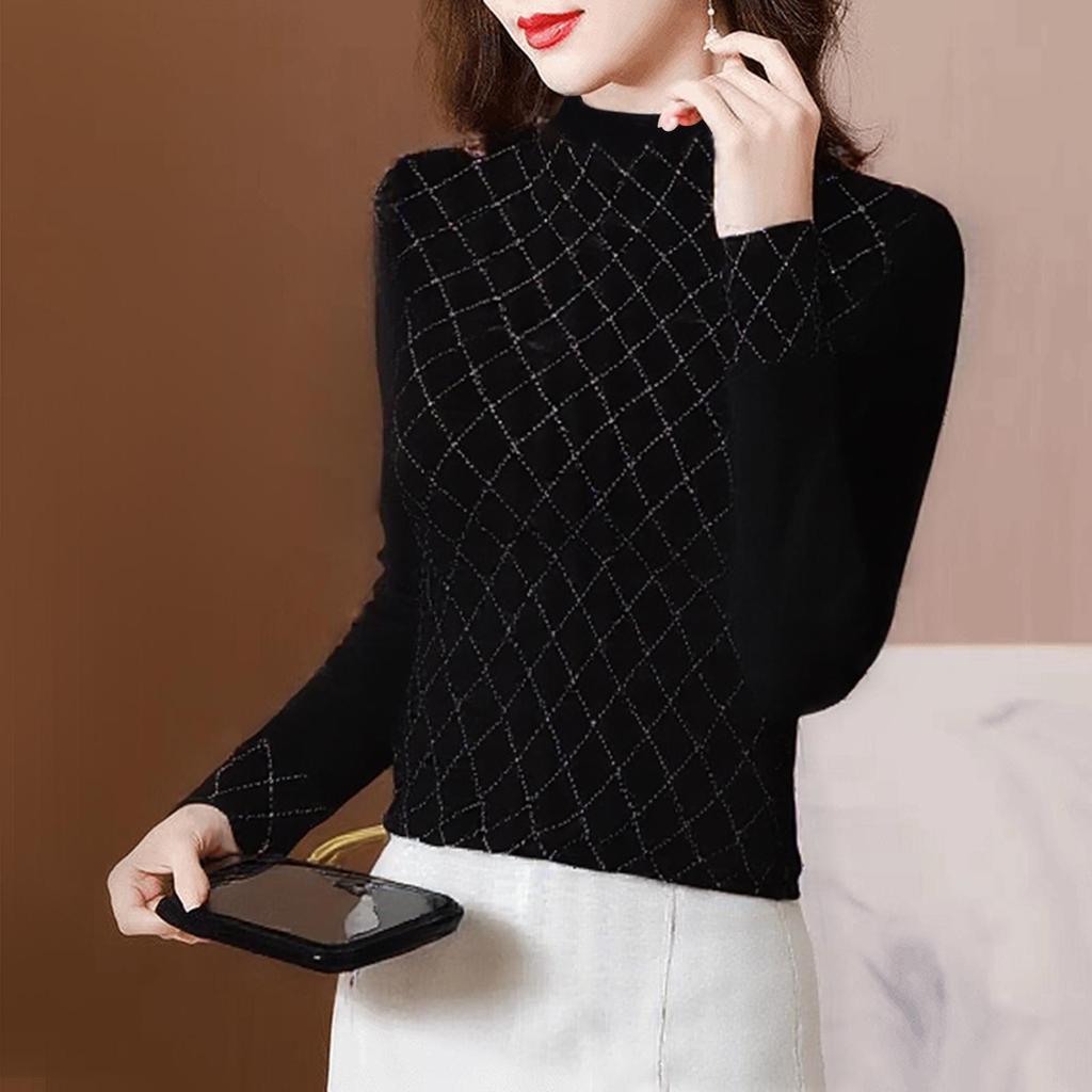 2025 Women's Slimming Top: Spring/Autumn, Half-High Neck, Heavy Industry Hot Drilling, Advanced Fashion, Age-Reducing