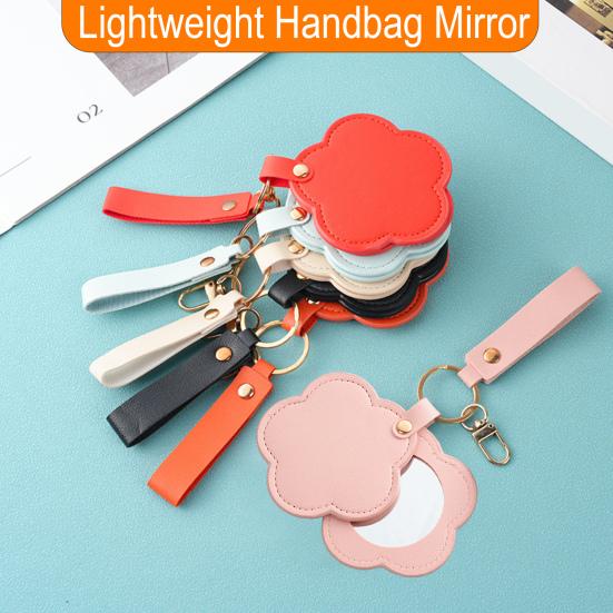 Faux Leather Flower Makeup Mirror Waterproof Portable Vanity Mirror Keychain Travel Women