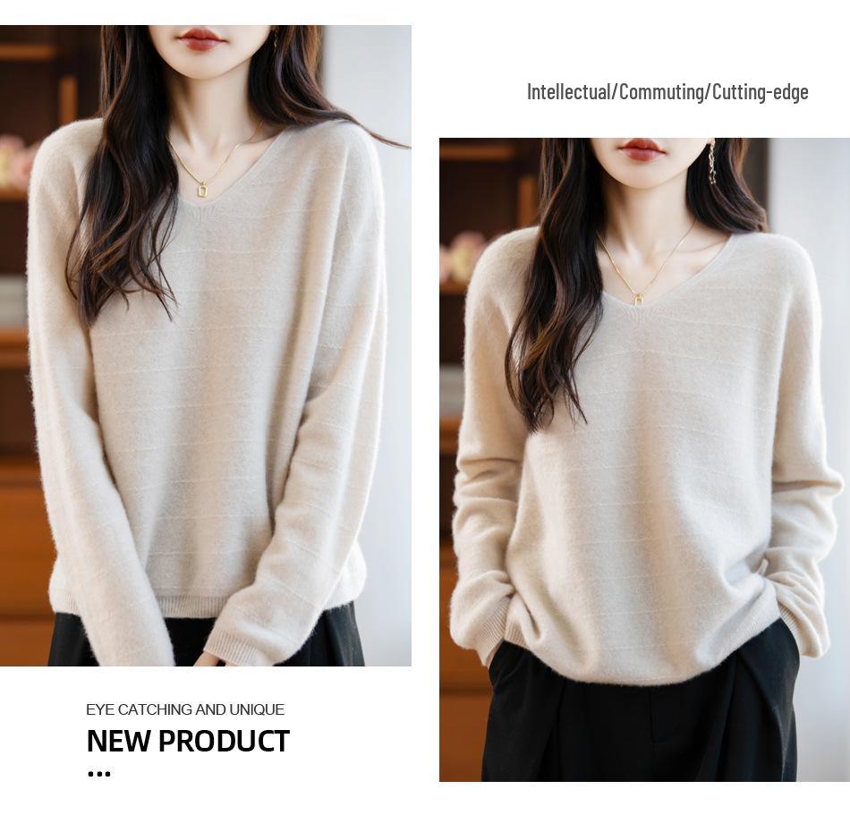 Women's V-Neck Pure Wool Sweater: Lightweight, Lazy Style Knit for Autumn & Winter, Cashmere Base Layer.