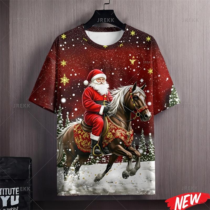 Merry Christmas Santa Claus Pattern T Shirt Men 3d Printing Xmas T-shirt Crew Neck Short Sleeve Horse New Year Women Tee Shirts