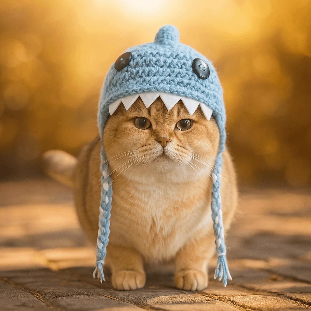 Cartoon Cat Shark Headgear Braid Design Cat Warm Hat Pet Costume Cat Headdress  Party