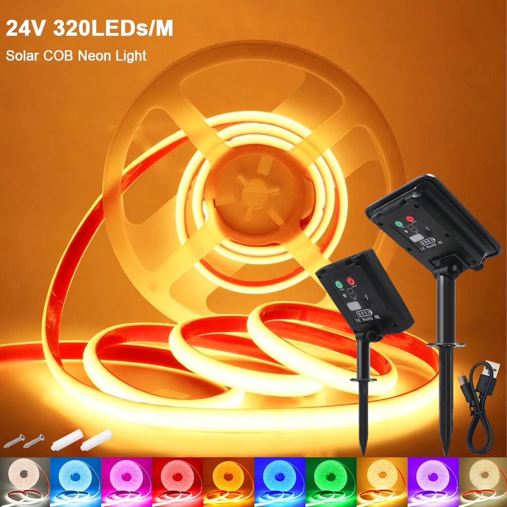 Solar COB Neon Light Strip 24V Ribbon Tape High Density Waterproof Red Green Blue Warm Natural White 320LEDs/M Flex Garden Decor