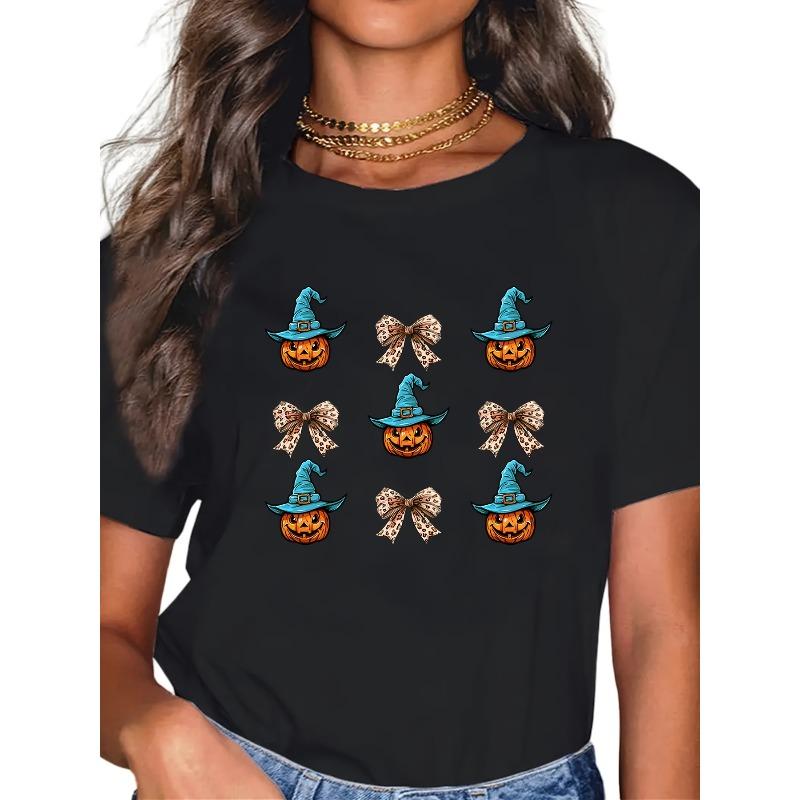 Europäische Größen Damen Halloween Kürbis Zauberer Cartoon Print T-Shirt, Lässiger Rundhalsausschnitt, Kurzarm, Rippstrick-Detail