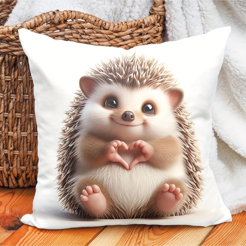 1pc Cute Hedgehog Heart Claw Decorative Pillow Cover 45.72x45.72 cm - Soft Polyester with Hidden Zipper, Printed Heart Design for Sofa & Living Room,