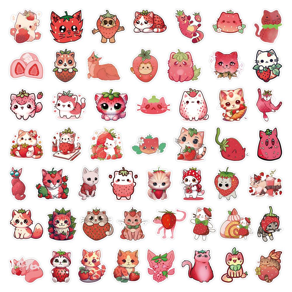 10/30/50pcs Kawaii Cute Cartoon Strawberry Cat Stickers Decals for Kids Toy Water Bottle Scrapbook Phone Case Graffiti Sticker