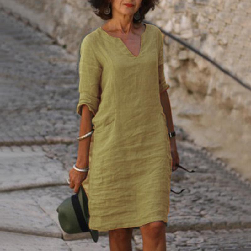 European-American Autumn Patchwork Cotton Linen V-Neck Dress, Women's Retro Solid Color, 3/4 Sleeve.