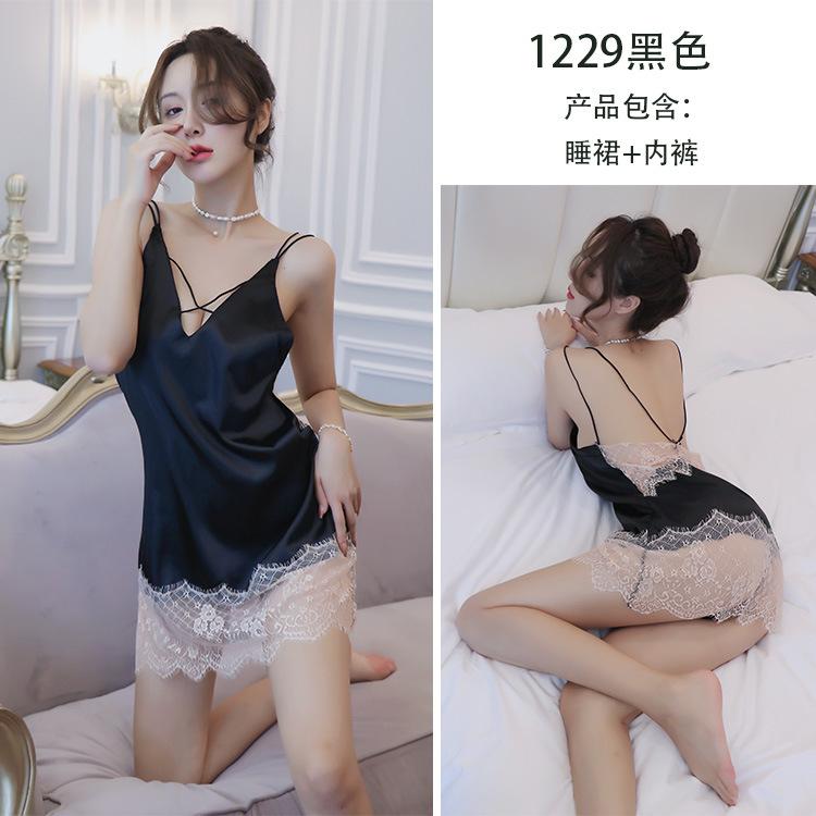 

Сексуальное женское нижнее белье, сексуальная кружевная ночная рубашка с открытой спиной, глубокий V-образный вырез, соблазнительная одежда для дома One Size (80-62.5 kg) чёрный
