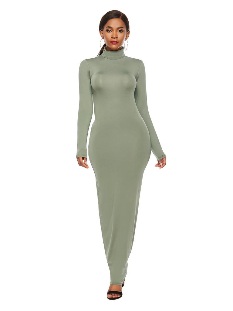 Elastic High-Neck Long-Sleeve Maxi Dress