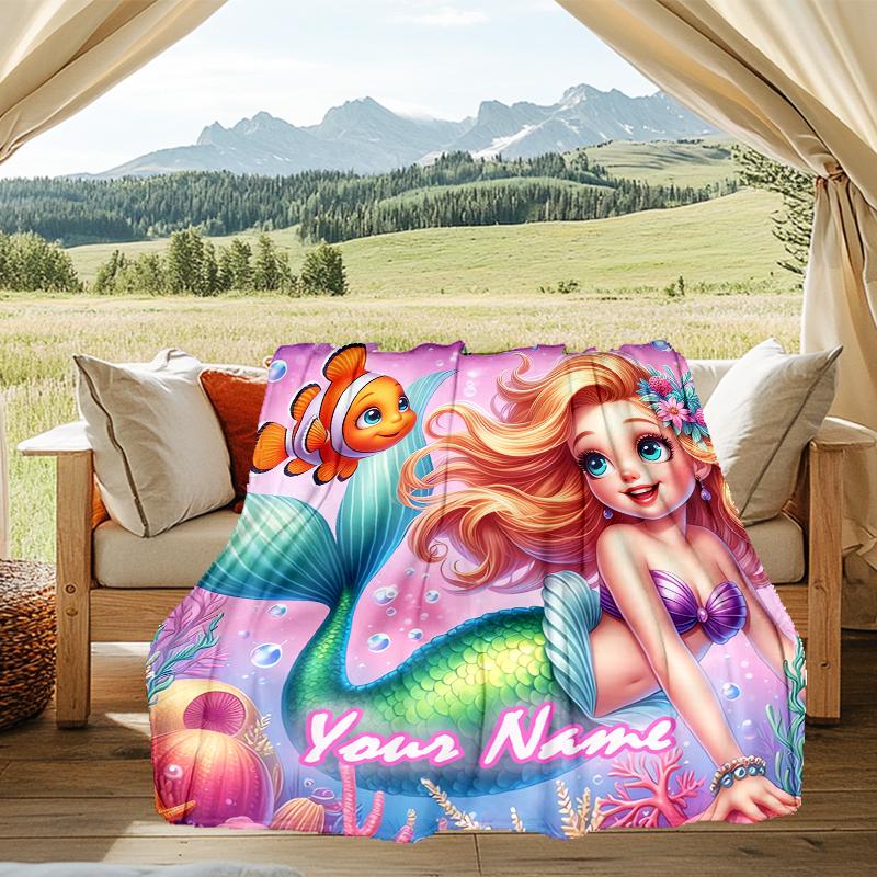 1PC Custom Name Mermaid Adventure Nemo outdooor Flannel blankets Patterns Throw Blanket All-Season Soft Gift for Couch, Bed, Camping gifts