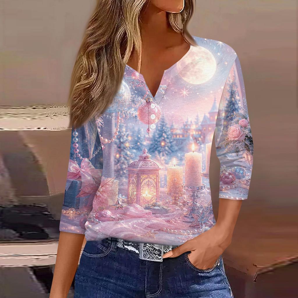 Women's Stylish Casual Christmas Print V-Neck Button Three-Quarter Sleeve T-Shirt