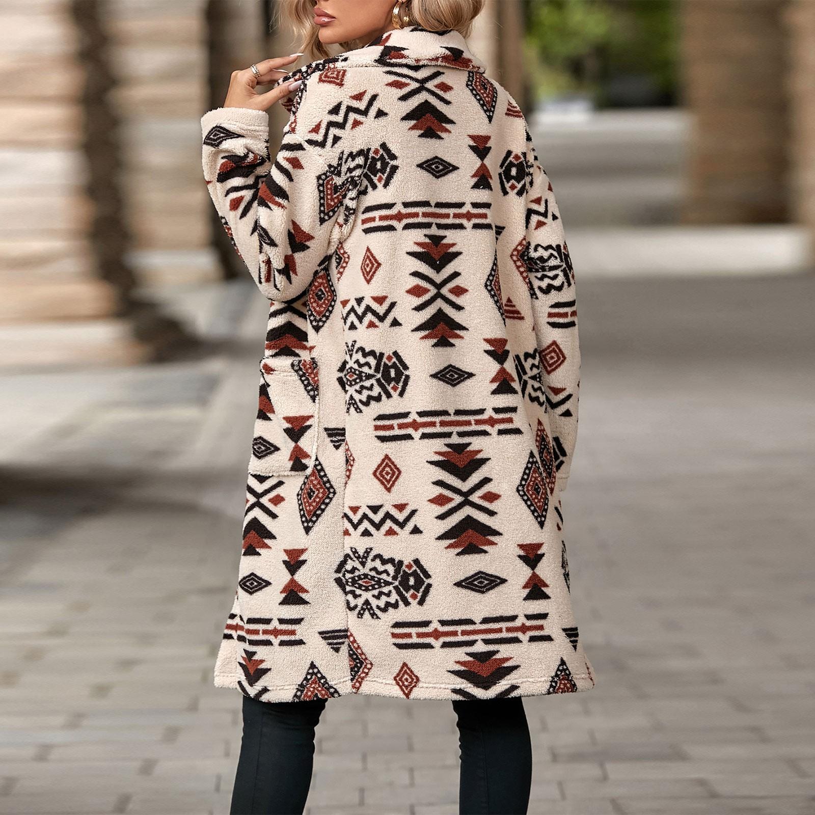 Осенне-зимняя женская однобортная плюшевая длинная куртка с принтом в этническом стиле — фото 5