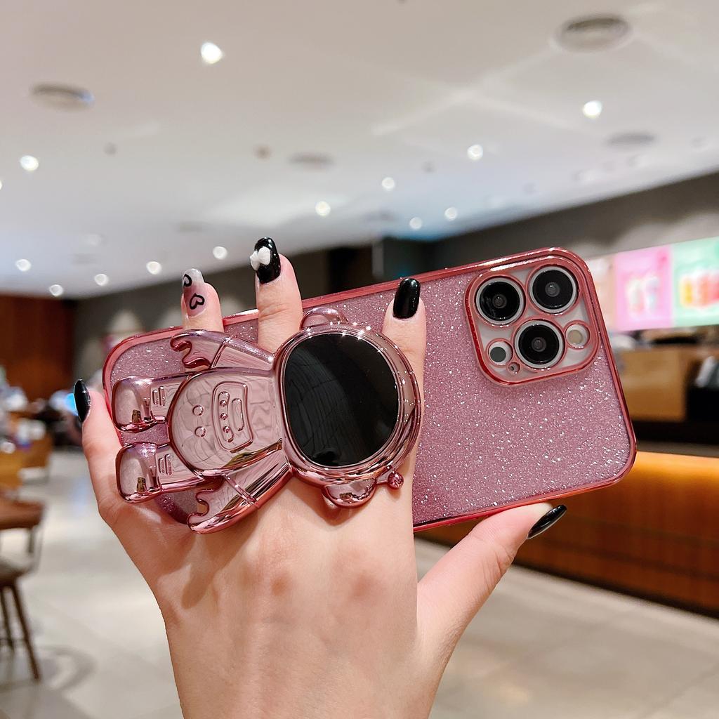 Fashion Glitter Astronaut Foot Stand Phone Case For iPhone 16 15 14 13 11 Pro XR Xs Max 12 Mini Plating Holder Cover On 7 8 Plus