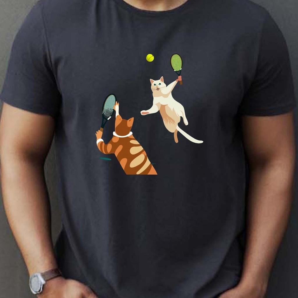 Cats Playing Tennis Graphic Print Cotton TShirt Casual Short Sleeve Crewneck Tee for Men