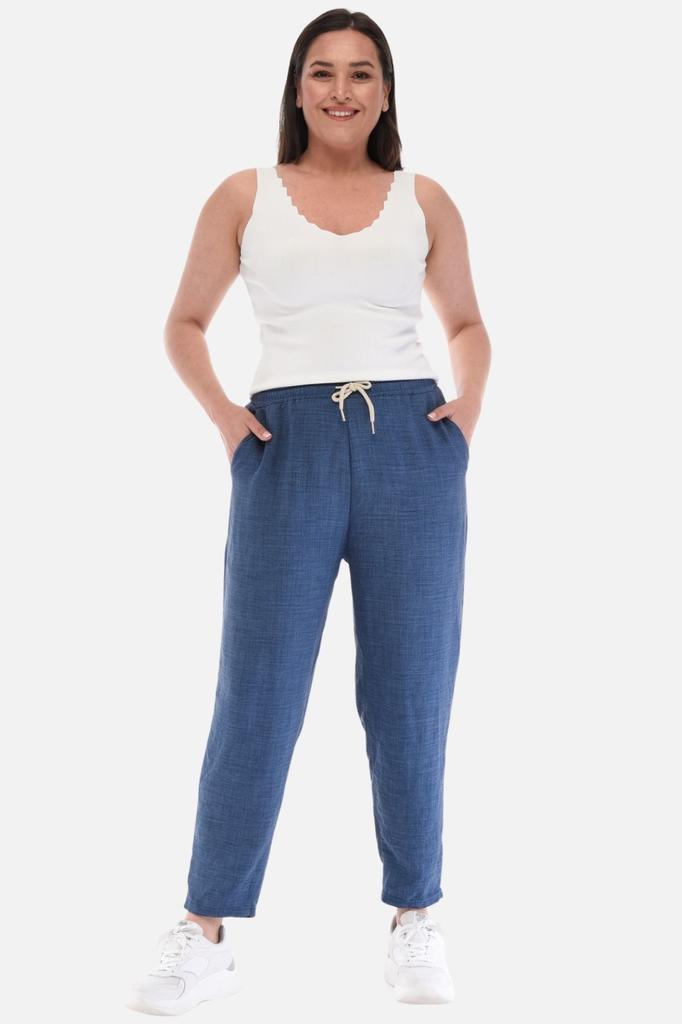 Women's Style Plus Size Pants Green Synthetic Linen High Waist Skinny Leg Lace-Up Big Size Mom Pants