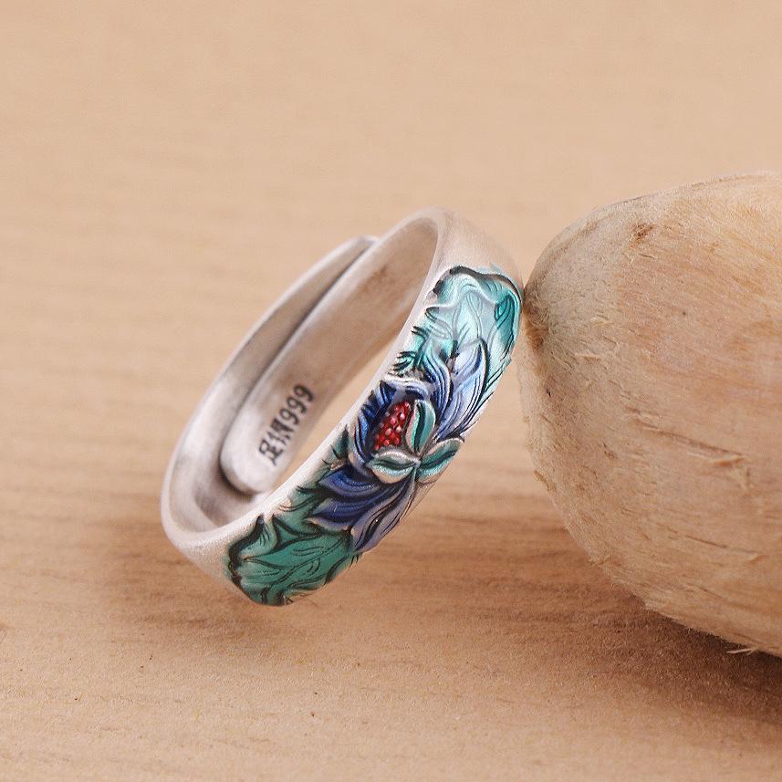 S999 Pure Silver Lotus Ring: Gold & Blue Enamel, Retro Chinese Style, Unisex Couple's Ring