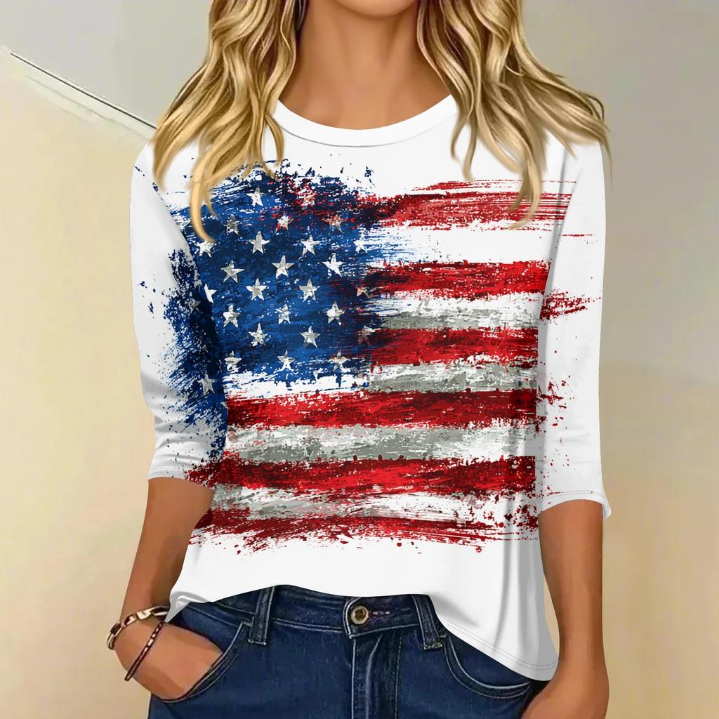Women's fashionable casual round neck three-quarter sleeve Independence Day printed T-shirt top