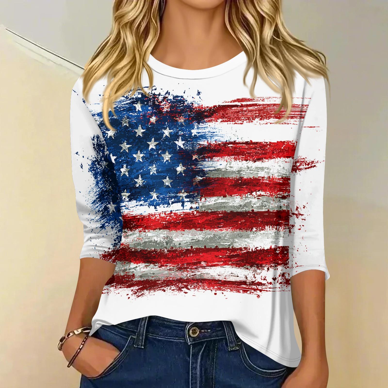 

Женская модная повседневная футболка с круглым вырезом, рукавом три четверти и принтом ко Дню независимости M синий