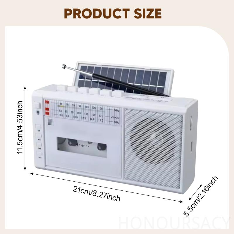 

Solar Powered Portable Tape Player Cassette Tape Player Support SD Card Retro Handheld AM FM Radio Recorder for Park Home Office білий