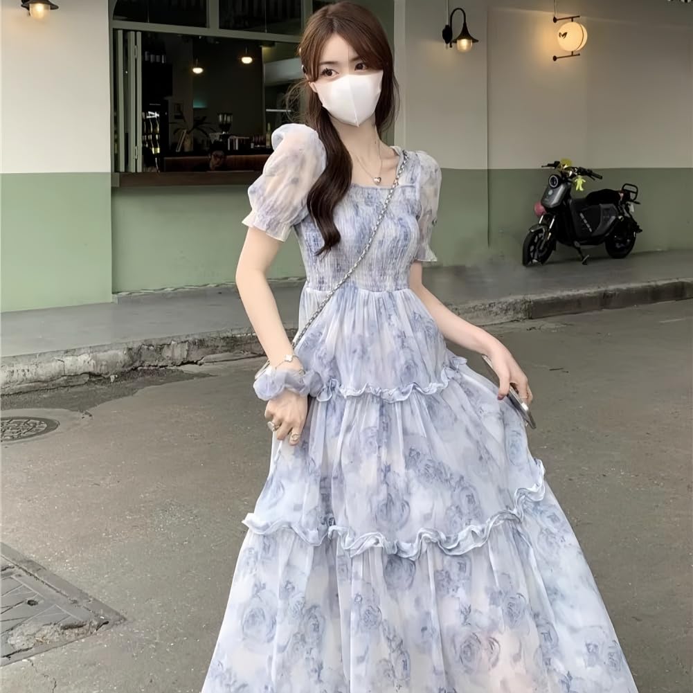 EDREES Summer Mori Girl Elegant Floral Print Puff Sleeve Long Cool Korean Style Flared Women's Dress, Style, Off-the-Shoulder U-Neck Skirt,