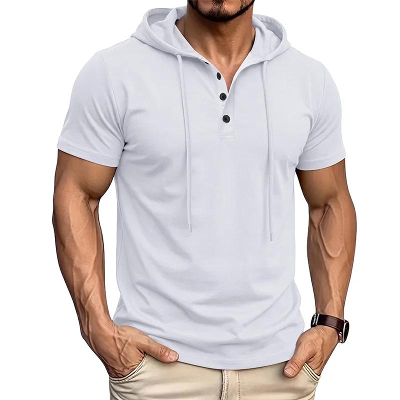 

Summer Men s Fitness Sporty Short Sleeve Hooded Henry Collar T-Shirt Loose Fit Plain Color Quick Dry Breathable Tops M белый