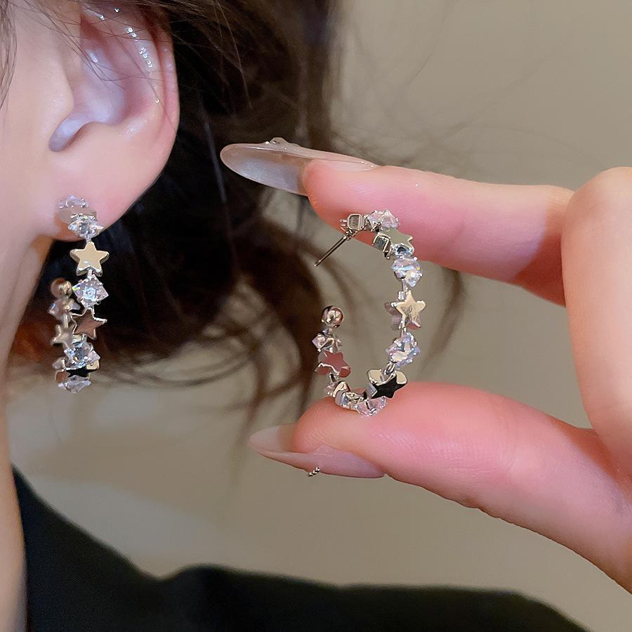 Silver Needle Cubic Zirconia Star C-Shaped Stud Earrings - Sweet & Cool Style, High-End Retro Feel