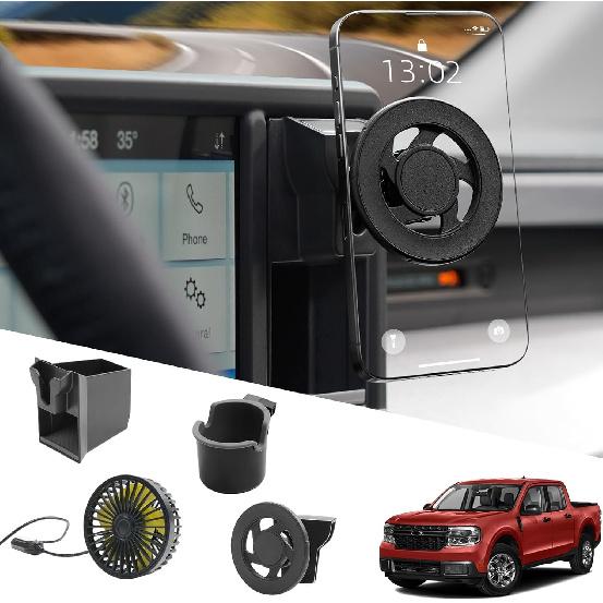 Mabett Multi-Function Cubby ert Set for Ford Maverick -2024 Accessories, Dash Mount Electric Fan Cup Holder Storage Box Kit (Phone Holder+Fan+Cup