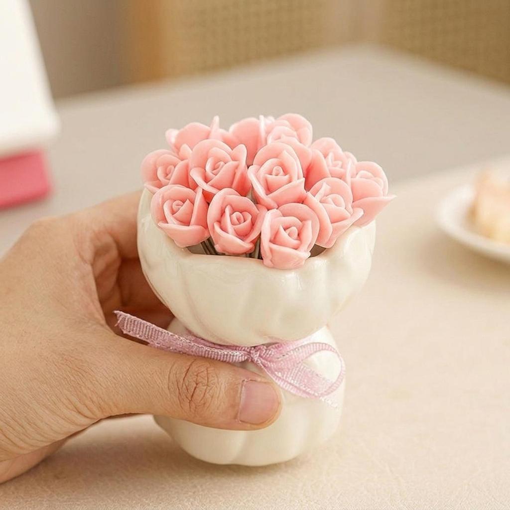 Stainless Steel Fruit Fork Set with Rose Holder Creative Food Picks Tableware Accessories for Home Party Dessert Platter