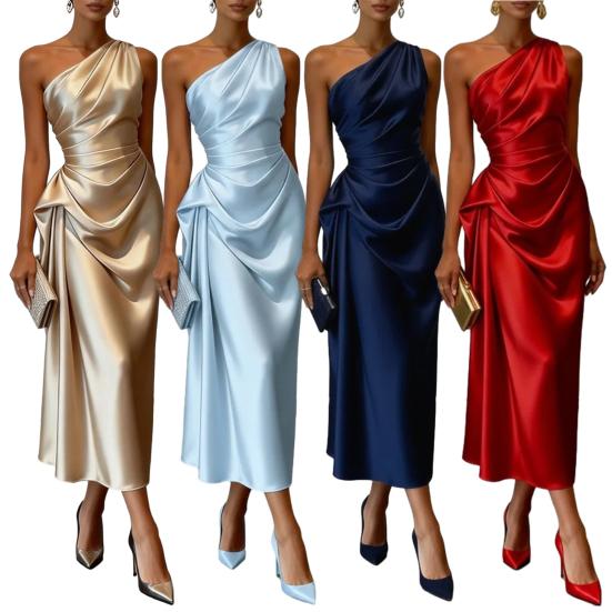 Women's One Shoulder Satin Prom Dress Summer Sleeveless Party Cocktail Midi Dress Ruched Bodycon Evening Wedding Guest Dress