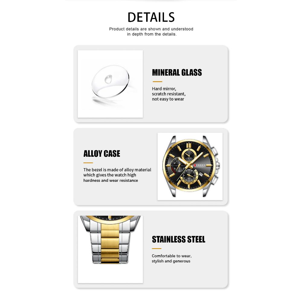 CURREN NEW Quartz Watches for Men Casual Style Multifunction Stainless Steel Band Wristwatch with Auto Date Waterproof Luminous