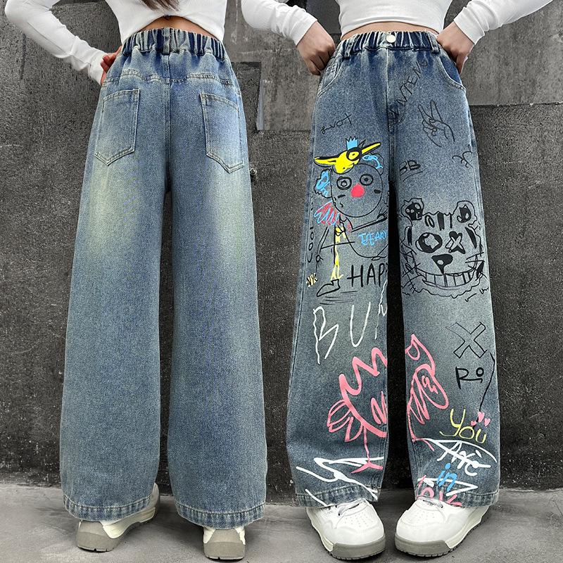 Girls' Stylish Graffiti Wide-Leg Denim Jeans - Spring & Autumn Street-Style Loose Fit for Big & Middle Kids