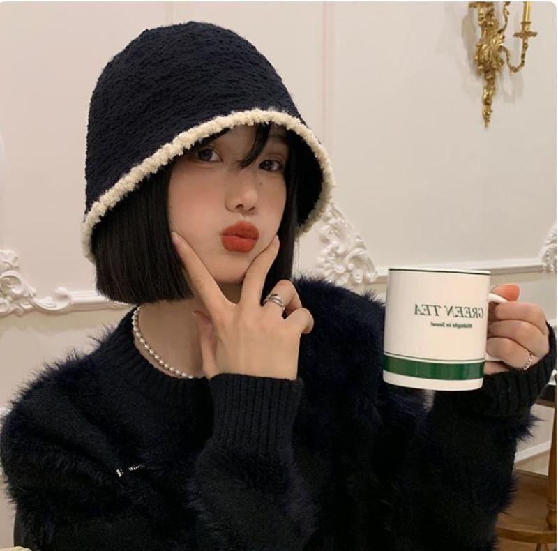 Winter Knit Bucket Hat For Women With Cashmere Material And Color Block Design
