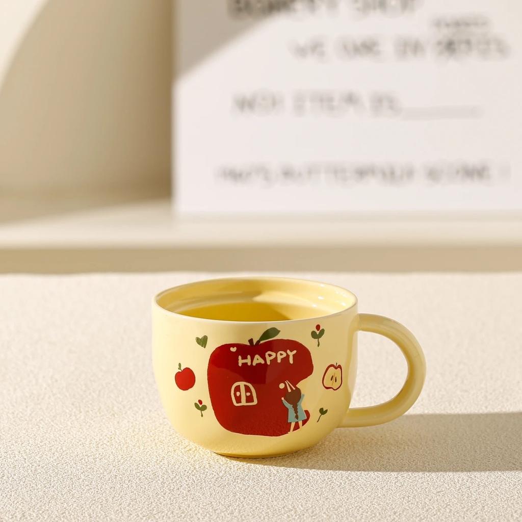 Niedliche Apfel-Keramiktasse mit Deckel Löffel Geschenkbox Kreative Haushalts-Wassertasse für Mädchen Super süße Souvenir-Geschenktasse