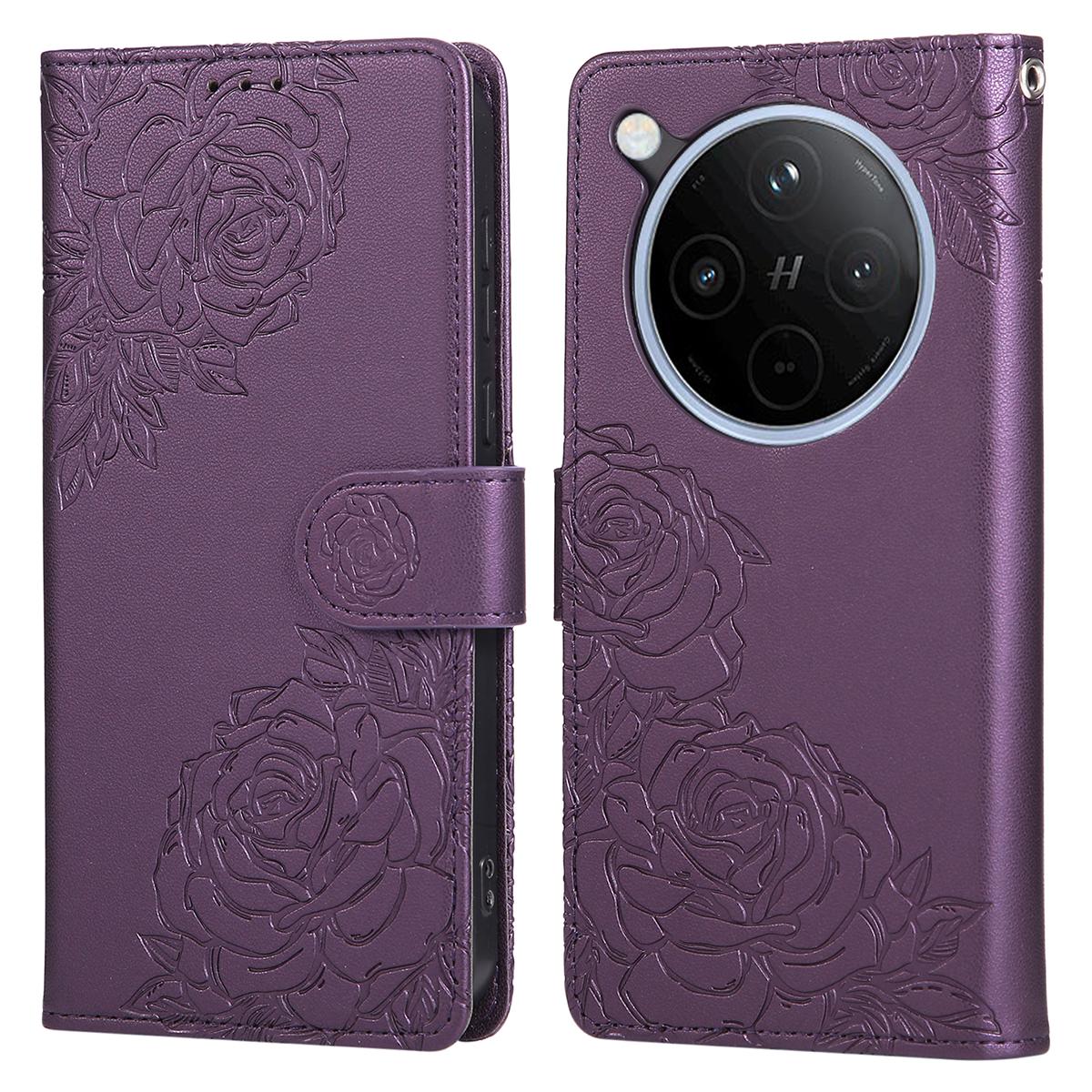

For Oppo Find X8 5G Case Rose Flower PU Leather Wallet Phone Cover with 3 Card Slots/Wrist Strap Dark Purple
