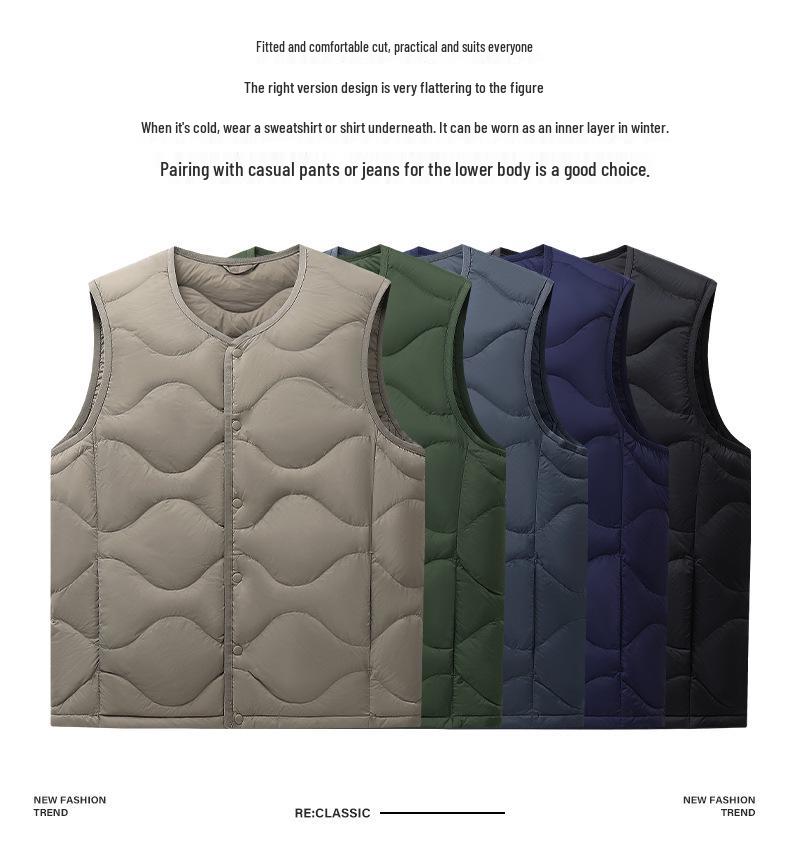High-Quality Round Neck Wave Pattern Down Vest - 90% Down, Two-Way Style, Inspired by Major Outdoor Brands