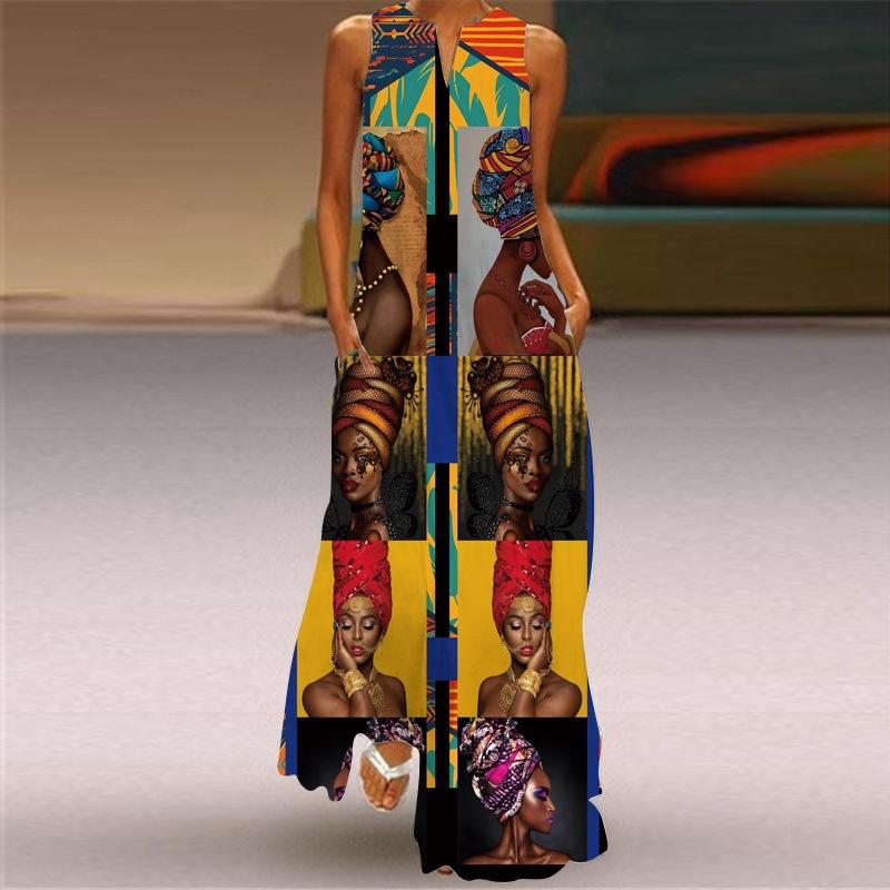 Women's V Neck Sleeveless Maxi Dress Loose Fit Elastic Waist Ethnic Vintage African Figure Print Long Dress
